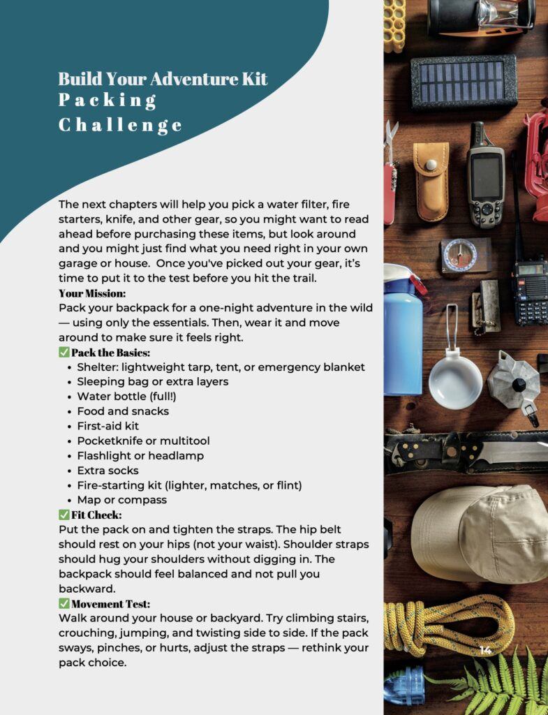 Image of page from the book "Wilderness Warriors" showing a challenge to help readers learn