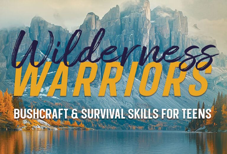 Title and subtitle of book cover for Wilderness Warriors - bushcraft & survival skills for teens