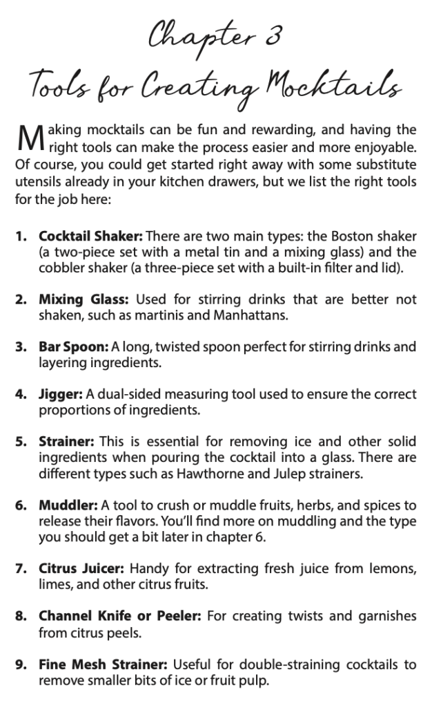 Image showing the beginning of Chapter 3 "Tools for creating mocktails" - taken from the book "The Magic of Mocktail Mixology"